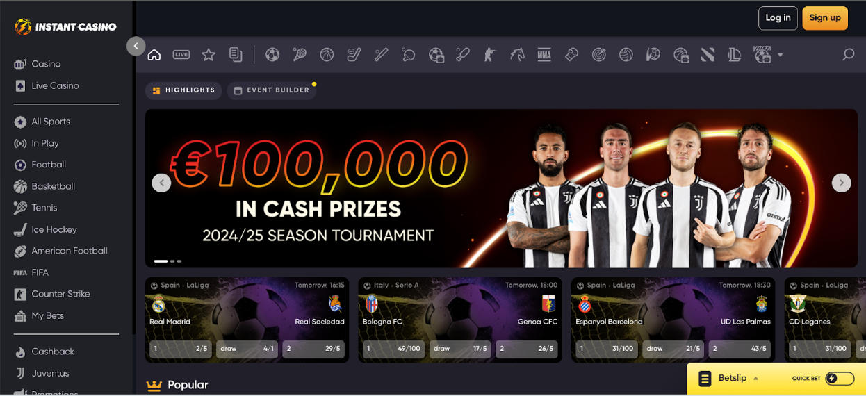 Instant Casino sports section featuring a Juventus-themed €100,000 cash prize banner with odds for LaLiga and Serie A matches. Instant Casino HP Football Promo - Texas sports betting