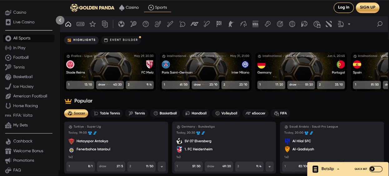 Golden Panda’s sleek dark-mode betting interface showcasing football match odds, sports icons, and highlighted upcoming fixtures. Golden Panda Sports Dashboard - Texas sports betting