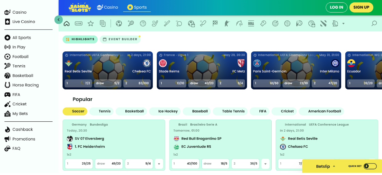 Samba Slots sportsbook section with a bright green-and-blue layout, displaying football matches, odds, and sports category filters. Samba Slots Betting Lobby - Texas sports betting